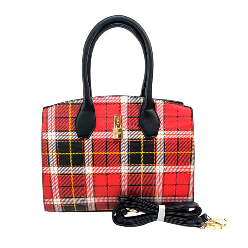 Bolsa para dama de la marca Vieta, material piel vegana, diseño de cuadros con tonos negros, rojos, blancos, amarillos y cafés, en sus extremos es de color negro liso, cuenta con asa estático color negro para usarse de mano, cuenta con asa ajustable para poder usarse de manos libres, cuenta con pequeños detalles decorativos en material metálico en color dorado.