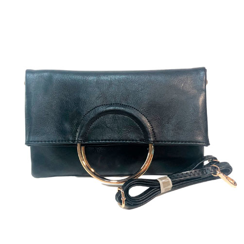 Bolsa de la marca Vieta, fabricada en piel vegana, cuenta con un diseño de color negro liso, cuenta con asa estática en la parte superior de material metálico en color dorado, cuenta con asa ajustable para usar en manos libres